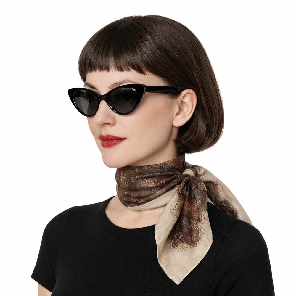 Vintage BURMEL Silk Scarf Beige Geometric Swirls Japan Hand Rolled 60s 70s Rare